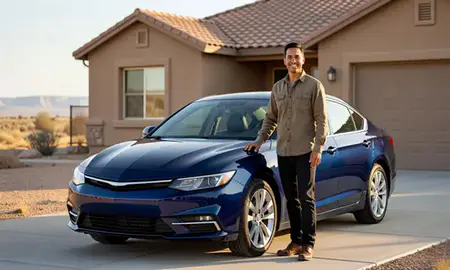 Customer with their delivered car in Gallup, New Mexico, United States