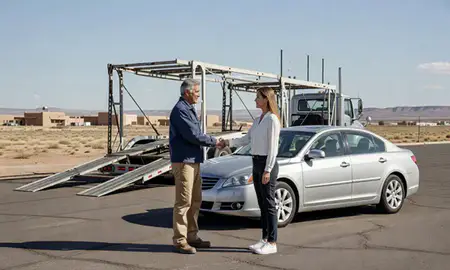Vehicle owner beside their delivered car in Gallup, New Mexico, United States