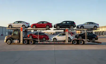 Car transporter parked in an industrial area of Gallup, New Mexico, United States