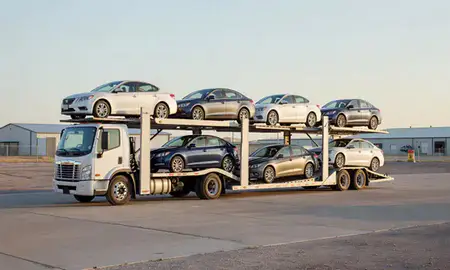 Car transporter loaded with vehicles in Gallup, New Mexico, United States