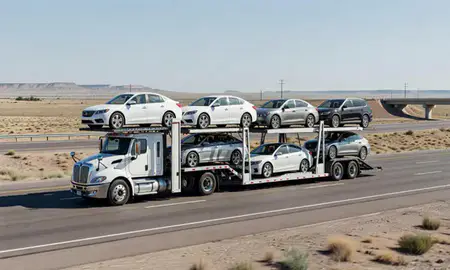 Multi-level car carrier on the highway to Grants, New Mexico, United States