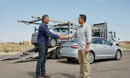 Vehicle owner beside their delivered car in Grants, New Mexico, United States