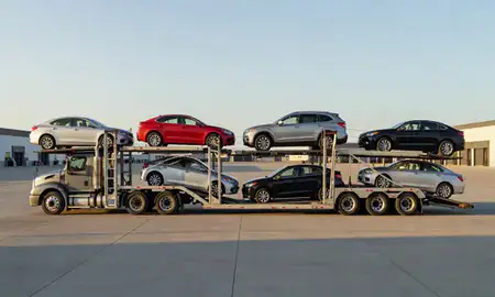 Car transporter parked in an industrial area of Grants, New Mexico, United States