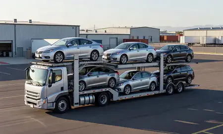 Car transporter loaded with vehicles in Grants, New Mexico, United States