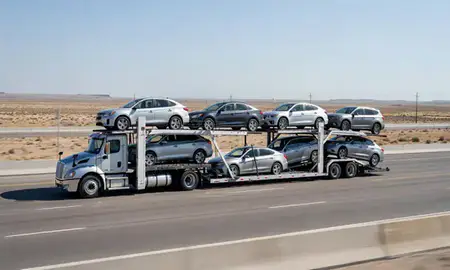 Multi-level car carrier on the highway to Hobbs, New Mexico, United States