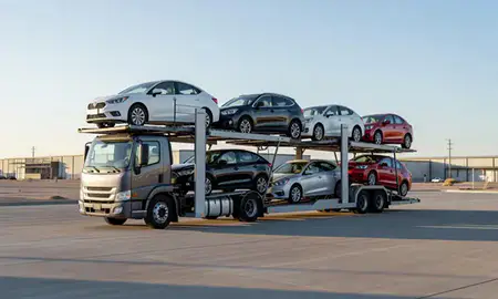 Car transporter loaded with vehicles in Hobbs, New Mexico, United States