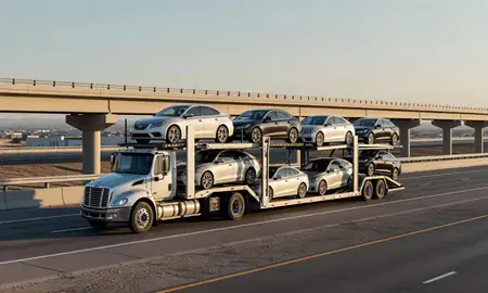 Car transporter with the Hobbs, New Mexico, United States skyline behind it
