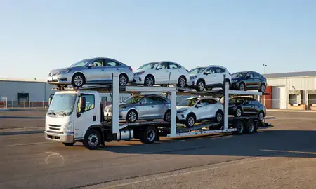 Car transporter loaded with vehicles in Las Cruces, New Mexico, United States