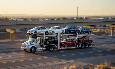 Car transporter with the Las Cruces, New Mexico, United States skyline behind it