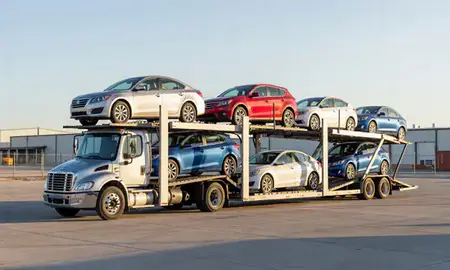 Car transporter loaded with vehicles in Los Alamos, New Mexico, United States