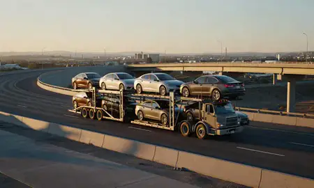 Car transporter with the Los Alamos, New Mexico, United States skyline behind it