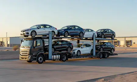 Car transporter loaded with vehicles in Los Lunas, New Mexico, United States