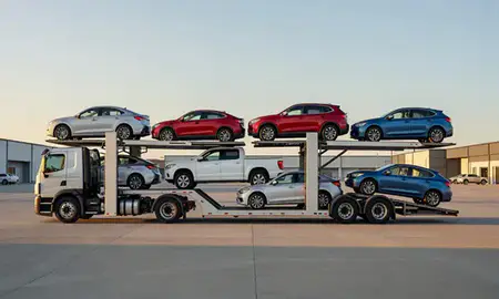 Car transporter parked in an industrial area of Lovington, New Mexico, United States