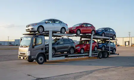Car transporter loaded with vehicles in Lovington, New Mexico, United States