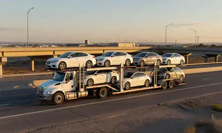 Car transporter with the Lovington, New Mexico, United States skyline behind it