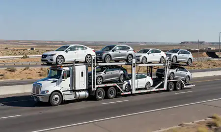 Multi-level car carrier on the highway to North Valley, New Mexico, United States