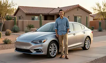 Customer with their delivered car in North Valley, New Mexico, United States