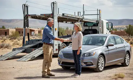 Vehicle owner beside their delivered car in North Valley, New Mexico, United States