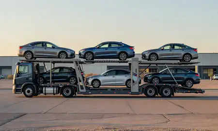 Car transporter parked in an industrial area of North Valley, New Mexico, United States