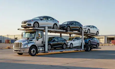 Car transporter loaded with vehicles in North Valley, New Mexico, United States