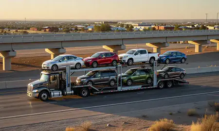 Car transporter with the North Valley, New Mexico, United States skyline behind it