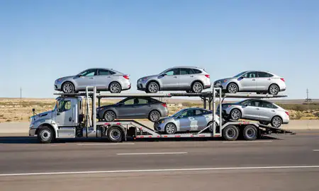 Multi-level car carrier on the highway to Portales, New Mexico, United States