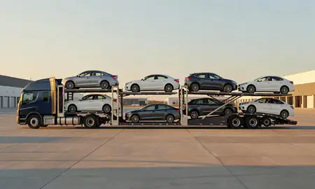 Car transporter parked in an industrial area of Portales, New Mexico, United States