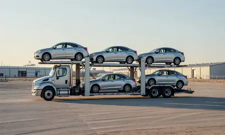 Car transporter loaded with vehicles in Portales, New Mexico, United States