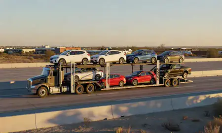 Car transporter with the Portales, New Mexico, United States skyline behind it