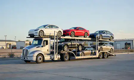 Car transporter loaded with vehicles in Rio Rancho, New Mexico, United States