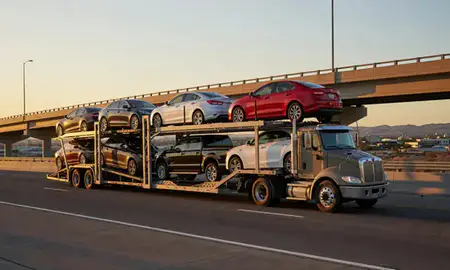 Car transporter with the Rio Rancho, New Mexico, United States skyline behind it