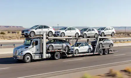 Multi-level car carrier on the highway to Roswell, New Mexico, United States