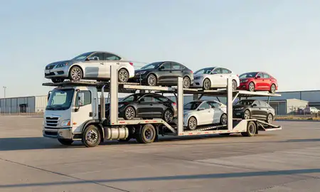 Car transporter loaded with vehicles in Roswell, New Mexico, United States