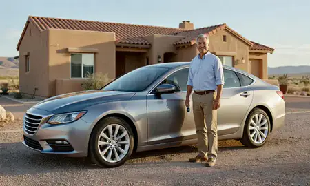 Car delivered to a driveway in Santa Fe, New Mexico, United States