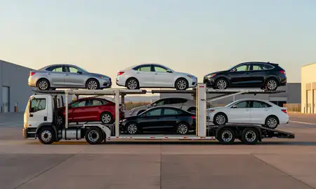 Car transporter parked in an industrial area of Santa Fe, New Mexico, United States