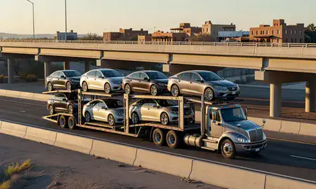 Car transporter with the Santa Fe, New Mexico, United States skyline behind it