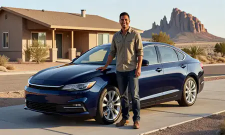 Customer with their delivered car in Shiprock, New Mexico, United States