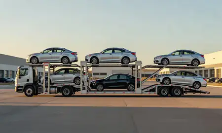 Car transporter parked in an industrial area of Shiprock, New Mexico, United States