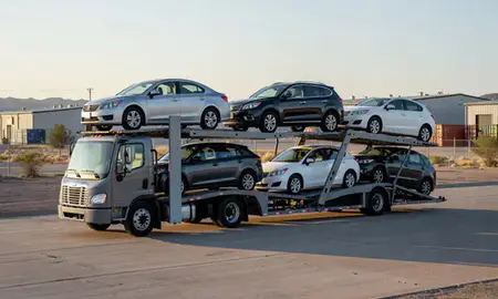 Car transporter loaded with vehicles in Shiprock, New Mexico, United States