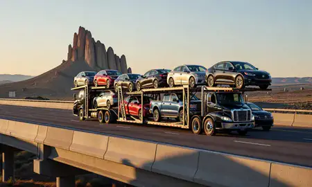 Car transporter with the Shiprock, New Mexico, United States skyline behind it