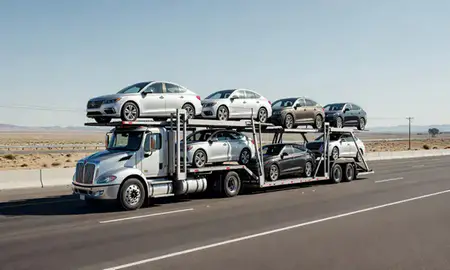 Multi-level car carrier on the highway to Silver City, New Mexico, United States
