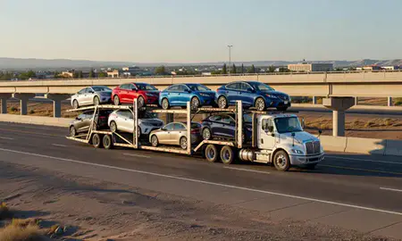 Car transporter with the Silver City, New Mexico, United States skyline behind it