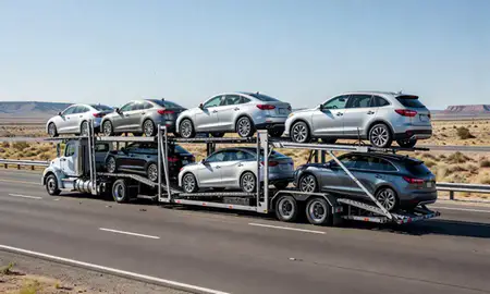 Multi-level car carrier on the highway to Socorro, New Mexico, United States