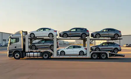 Car transporter parked in an industrial area of Socorro, New Mexico, United States