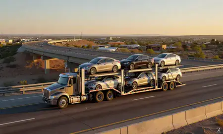 Car transporter with the South Valley, New Mexico, United States skyline behind it
