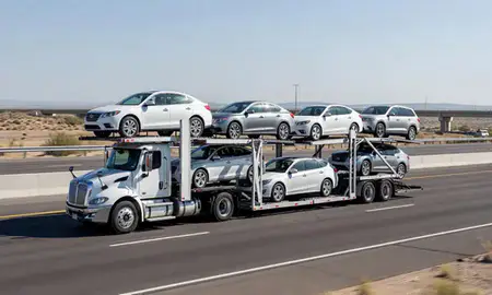 Multi-level car carrier on the highway to Sunland Park, New Mexico, United States