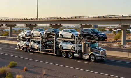 Car transporter with the Sunland Park, New Mexico, United States skyline behind it