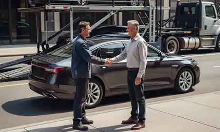 Vehicle owner beside their delivered car in New York, United States