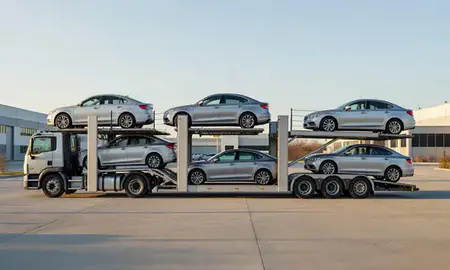 Car transporter parked in an industrial area of New York, United States