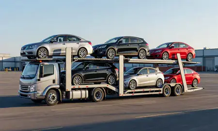 Car transporter loaded with vehicles in New York, United States